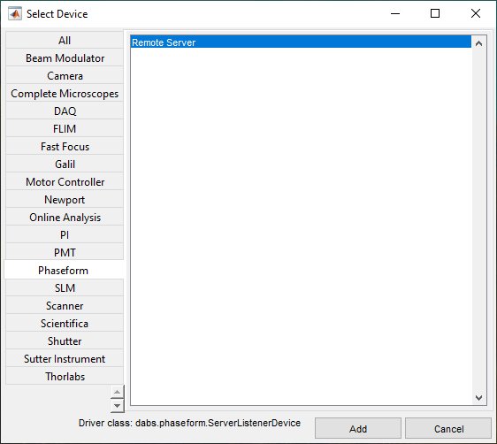 ScanImage’s Select Device dialog with Phaseform listed among the device classes, next to cameras, scanners and stages.