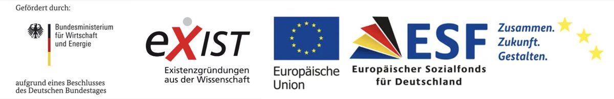 Funder logo strip: the Federal Ministry for Economic Affairs and Energy, EXIST, the European Union, and the European Social Fund for Germany.