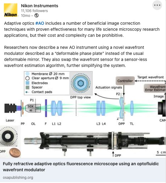 A post by Nikon Instruments sharing the paper, with the instrument schematic: the beam path from laser through objective and relay lenses to the DPP and camera, the DPP top view with its 20 mm membrane and 9 mm clear aperture, and a photograph of the assembled microscope beside a coin for scale.
