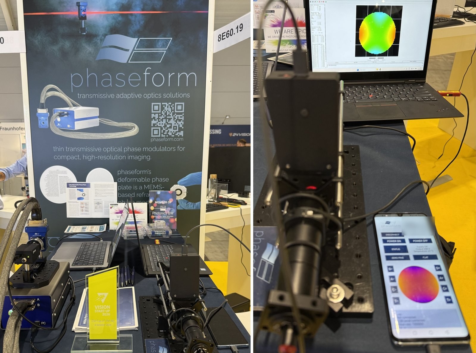 Left: the Phaseform stand table with a Delta 7 system, brochures and the yellow VISION Start-up of the day trophy. Right: the live correction demo — an optical rail in front of a laptop showing a colored wavefront map, with a smartphone app controlling the correction.