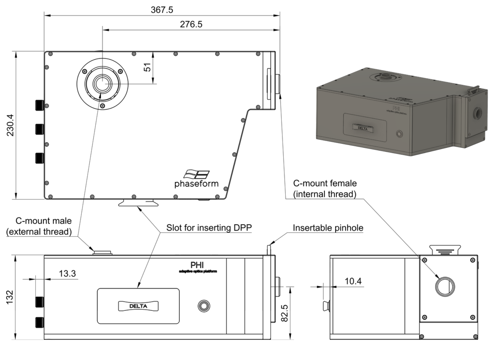 Mechanical drawing of PHI in three views with dimensions in millimeters: 367.5 wide, 230.4 deep and 132 high, with the C-mount male output, C-mount female input, DPP insertion slot and insertable pinhole called out