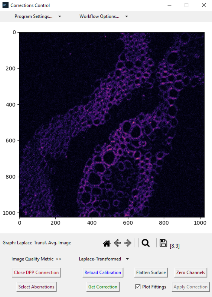 Phinden’s Corrections Control window: a Laplace-transformed image-quality metric over a plant-tissue field, with the aberration-selection and apply-correction controls
